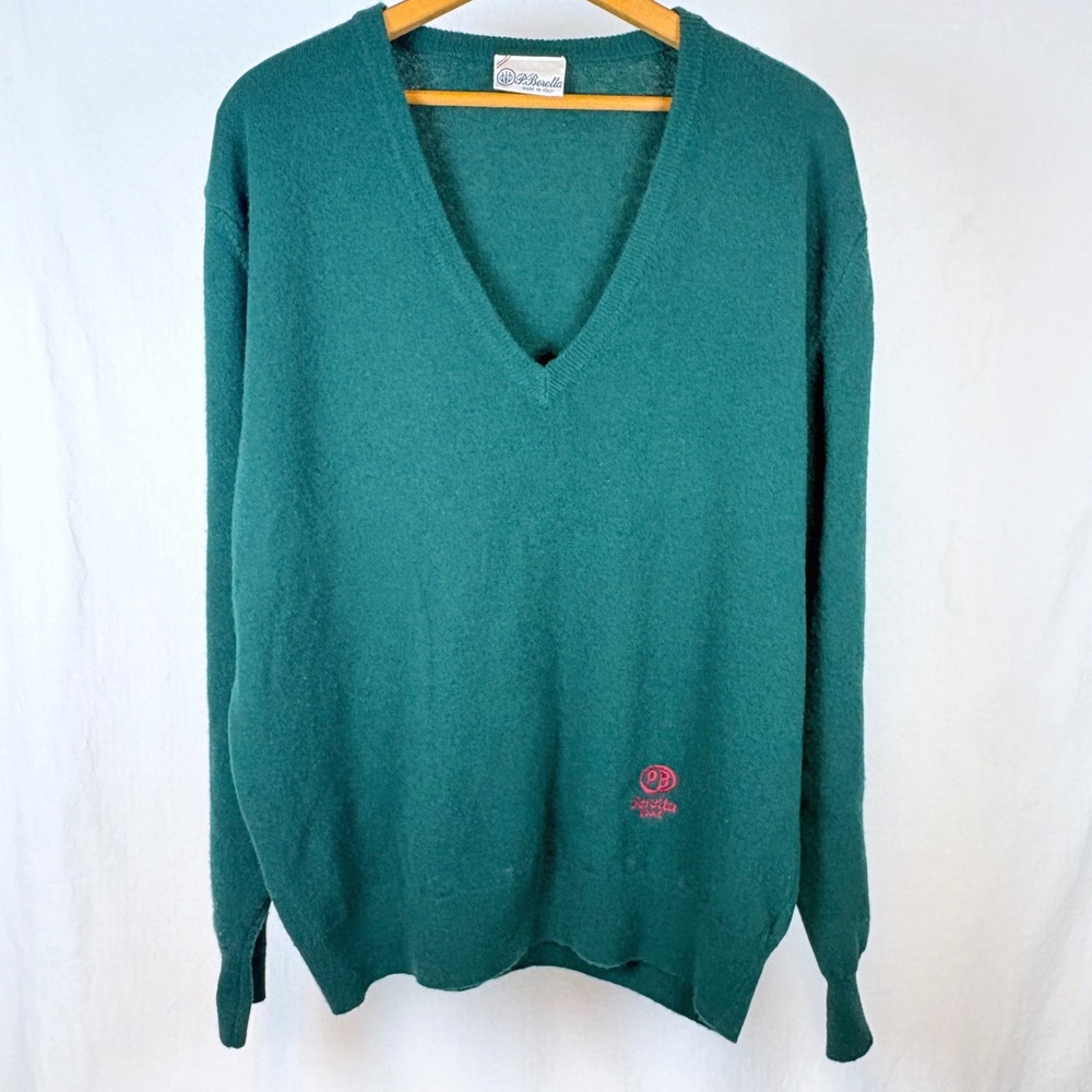 Vtg P Beretta Sport Men Green Embroidered Logo V-Neck Sweater Italy L Academia